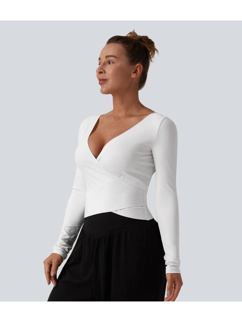 HALARA Ribbed Knit Deep V Neck Long Sleeve Yoga Sports Top Size XS